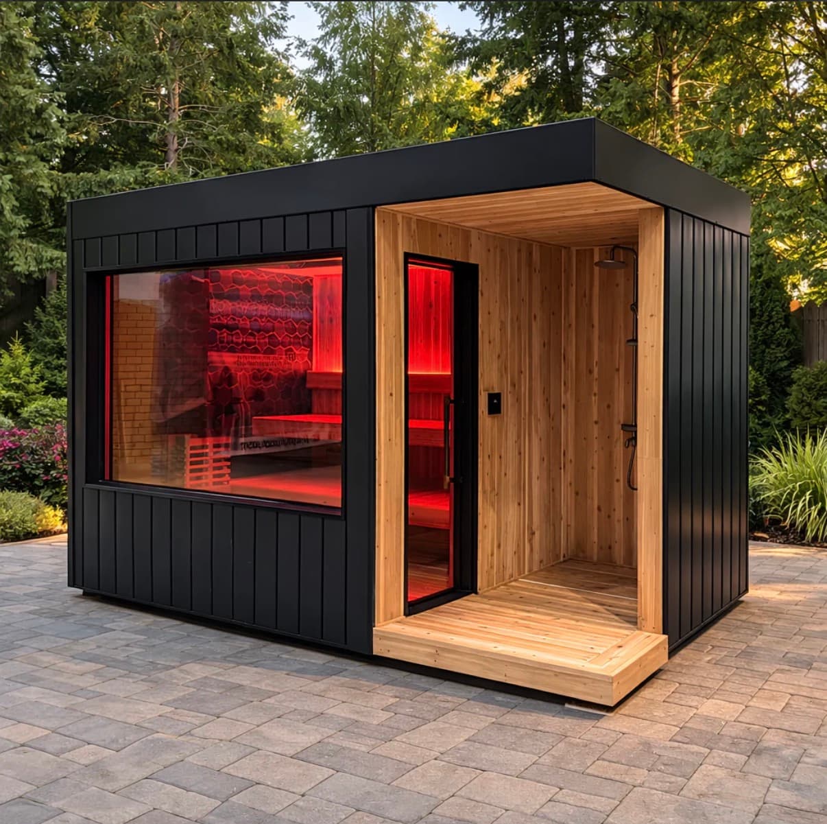Barrel sauna on a dock by a mountain lake