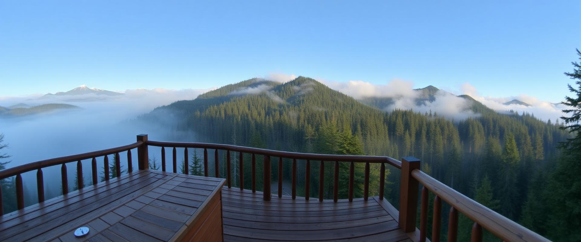 Mountain deck overlooking a misty forest