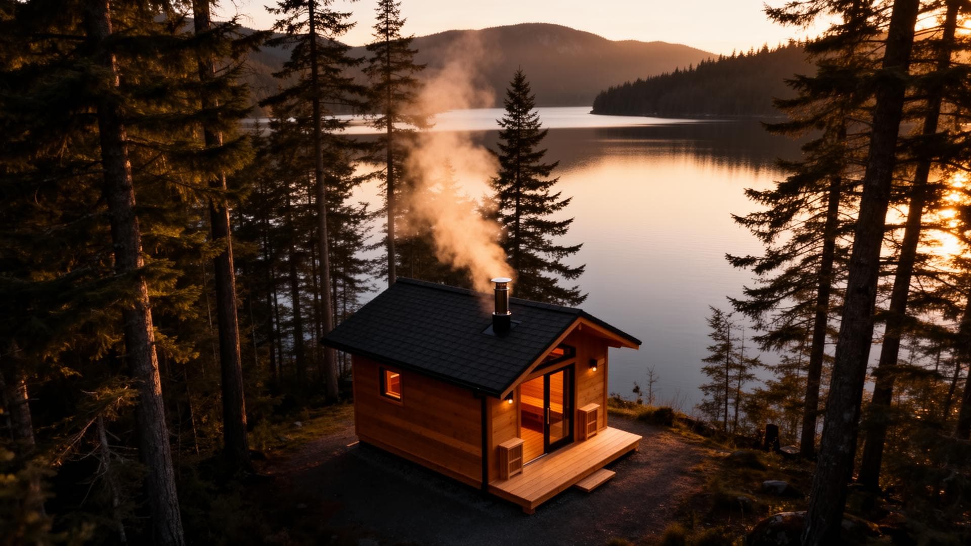 Barrel sauna by a mountain lake at golden hour